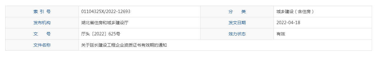 湖北住建厅关于延长建设工程企业资质有效期的通知