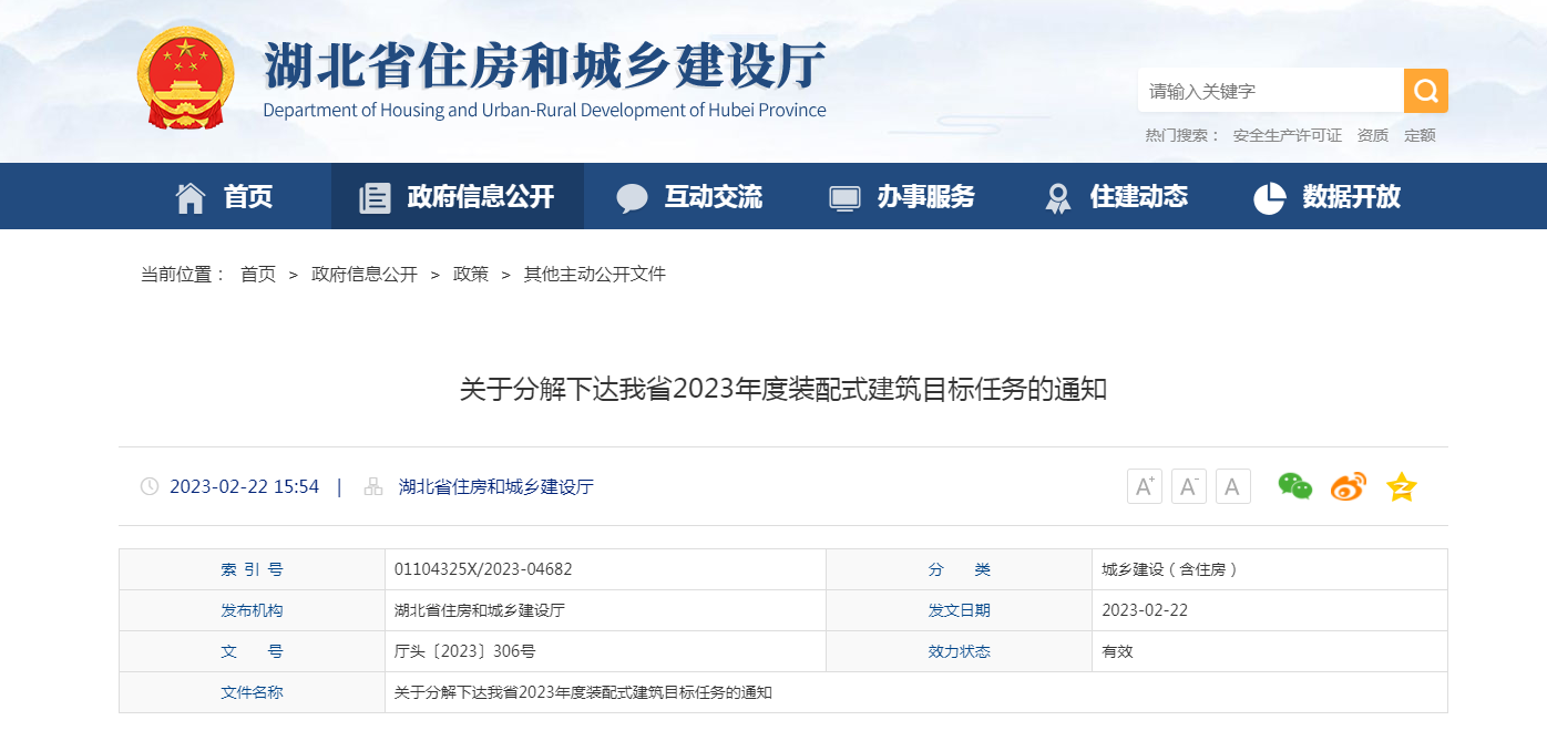 关于分解下达我省2023年度装配式建筑目标任务的通知